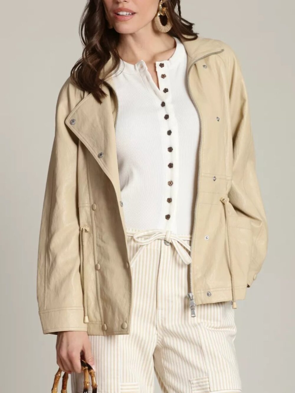 Avec Les Filles Funnel Neck Faux-Ever Leather Anorak Jacket Ochre Womens M NWT - Picture 3 of 16